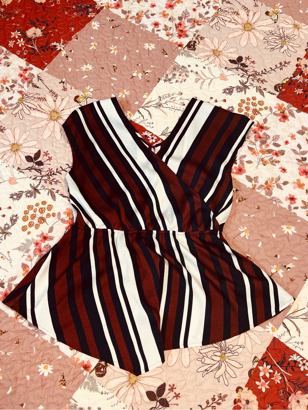Express Striped V-Neck Peplum Top in Burgundy, Black, and White